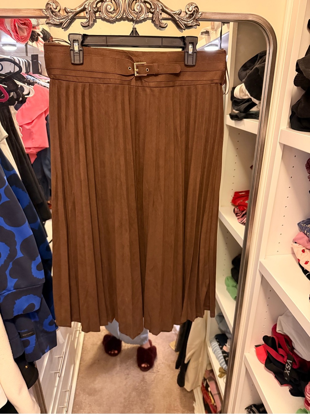 Pleated Faux-Suede Midi Skirt with Belt - Brown